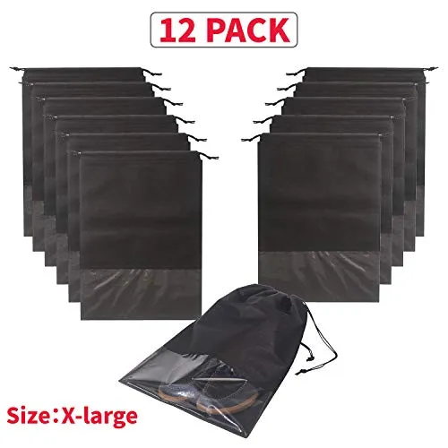 12PCS Travel Shoe Bags Non-Woven Storage with Rope for Men and Women Large Shoes Pouch Packing Organizers, Black