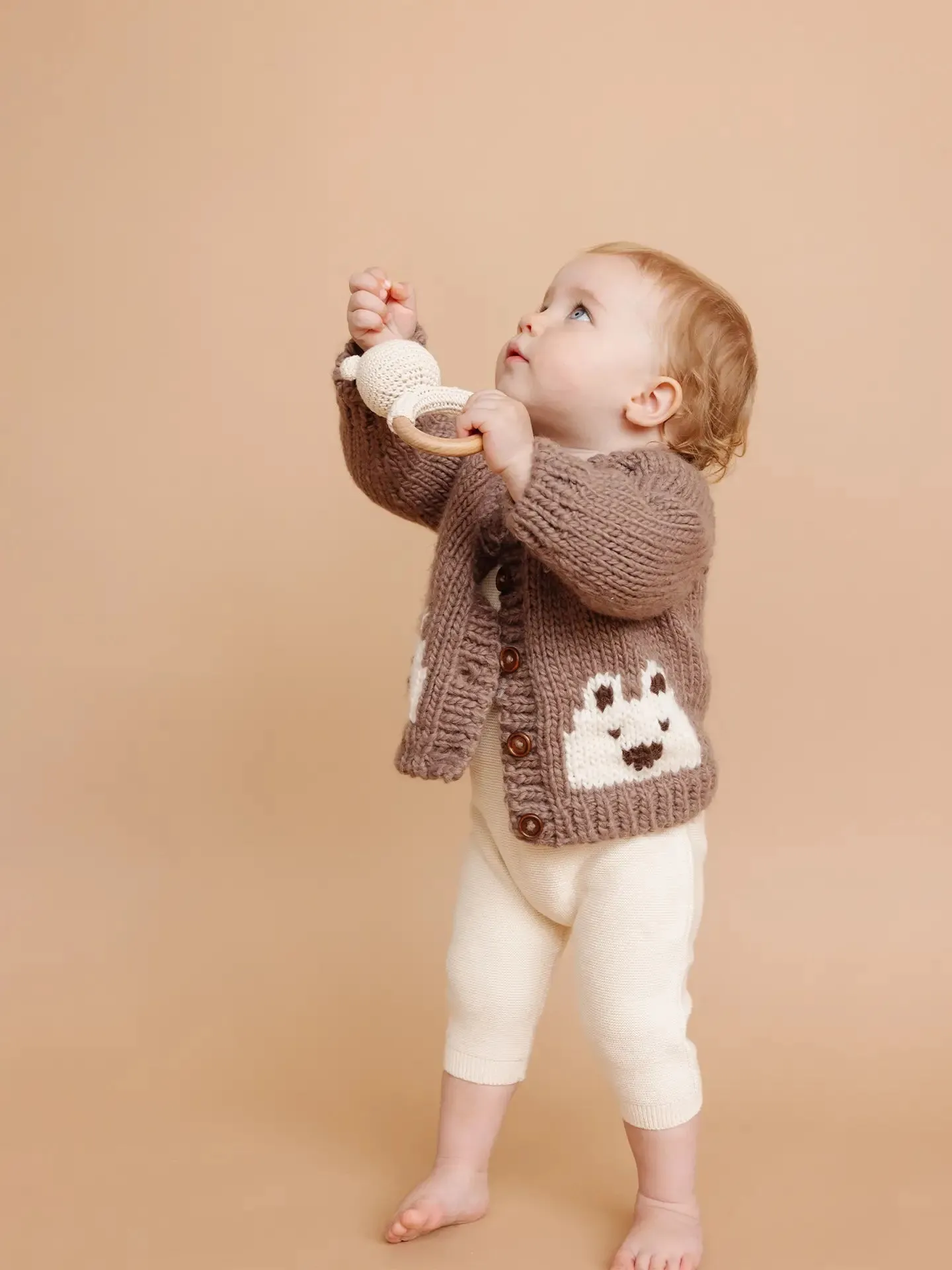 Cozy Tan Bear-Themed Cardigan Sweater