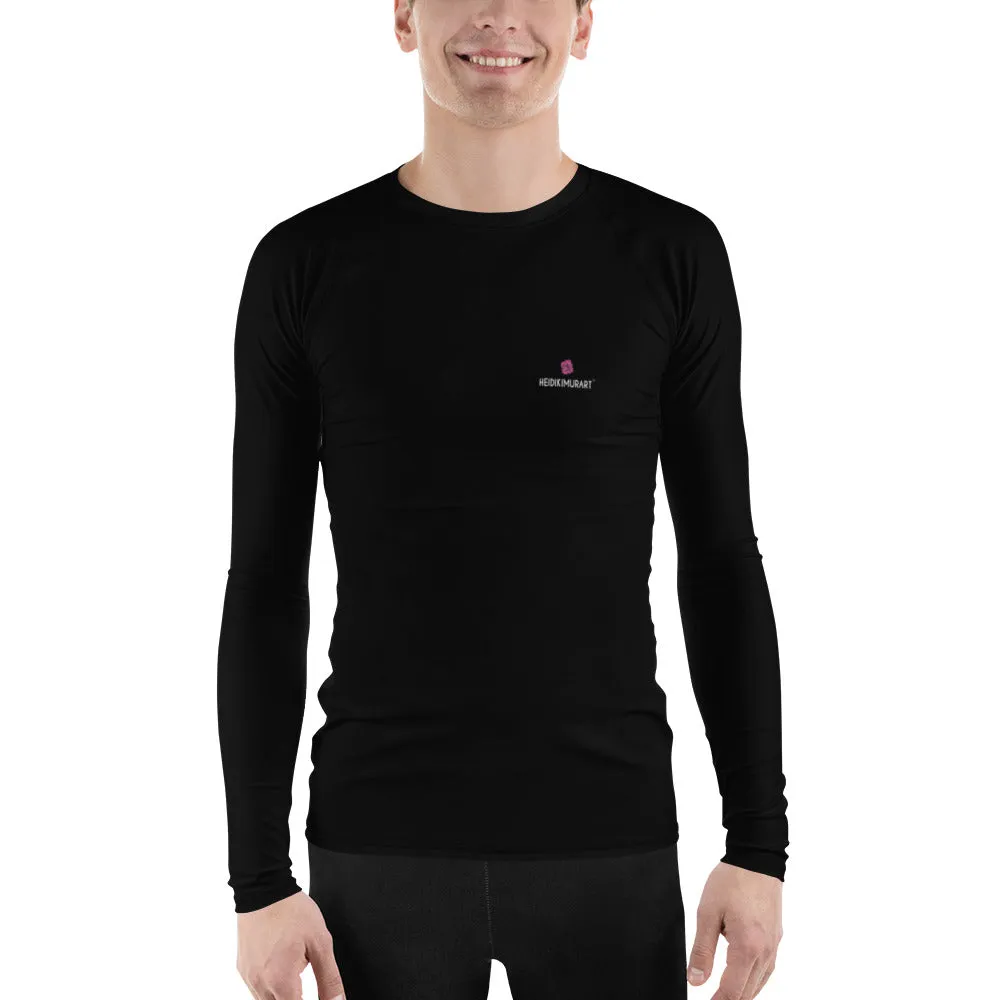 Black Solid Color Men's Top, Best Men's Rash Guard UPF 50  Long Sleeves Designer Polyester Spandex Sportswear