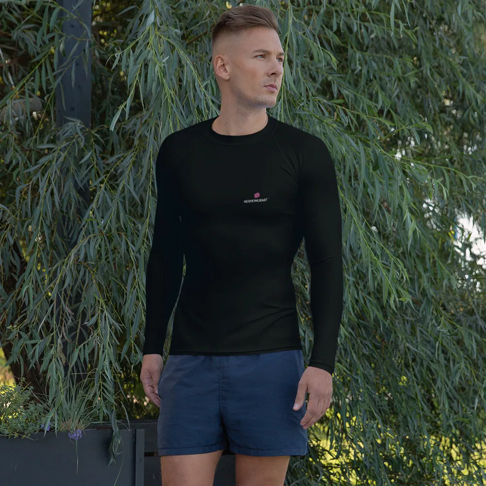 Black Solid Color Men's Top, Best Men's Rash Guard UPF 50  Long Sleeves Designer Polyester Spandex Sportswear