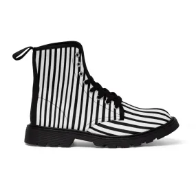 Black Striped Women's Canvas Boots, Vertical Stripes Print Winter Hiking Combat Boots For Ladies