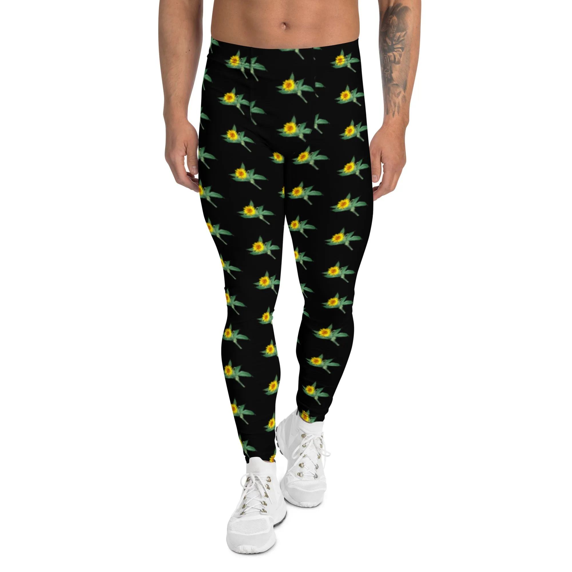 Black Sunflower Men's Leggings, Designer Floral Print Running Sports Tights For Men- Made in USA/EU