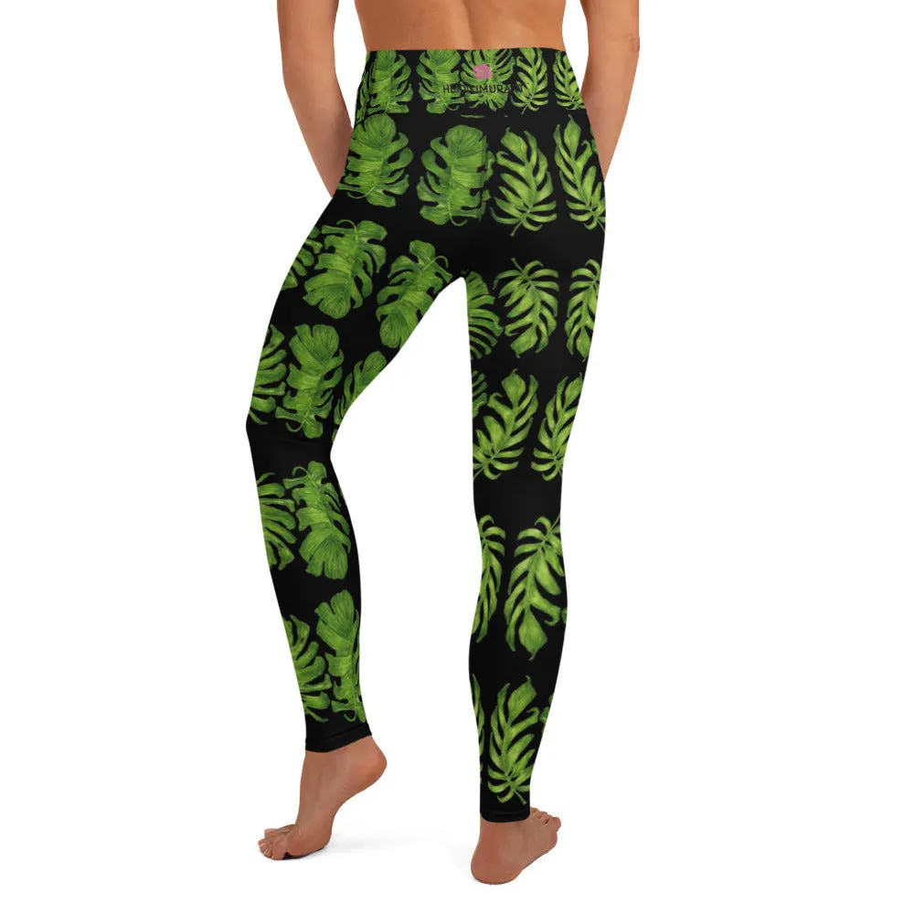 Black Tropical Leaf Yoga Leggings, Green Hawaiian Style Print Women's Tights-Made in USA/EU