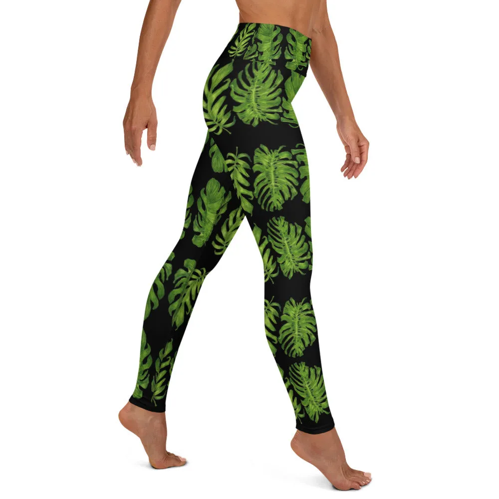 Black Tropical Leaf Yoga Leggings, Green Hawaiian Style Print Women's Tights-Made in USA/EU