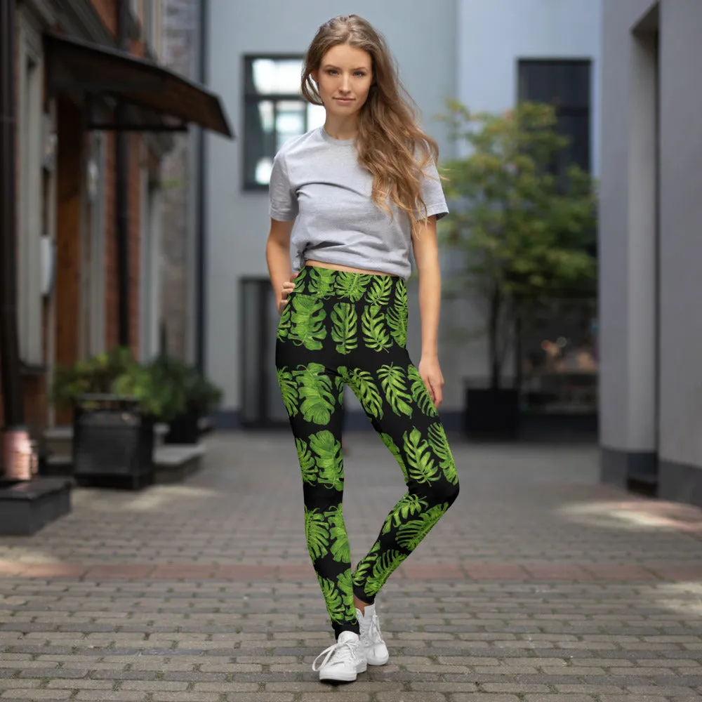 Black Tropical Leaf Yoga Leggings, Green Hawaiian Style Print Women's Tights-Made in USA/EU