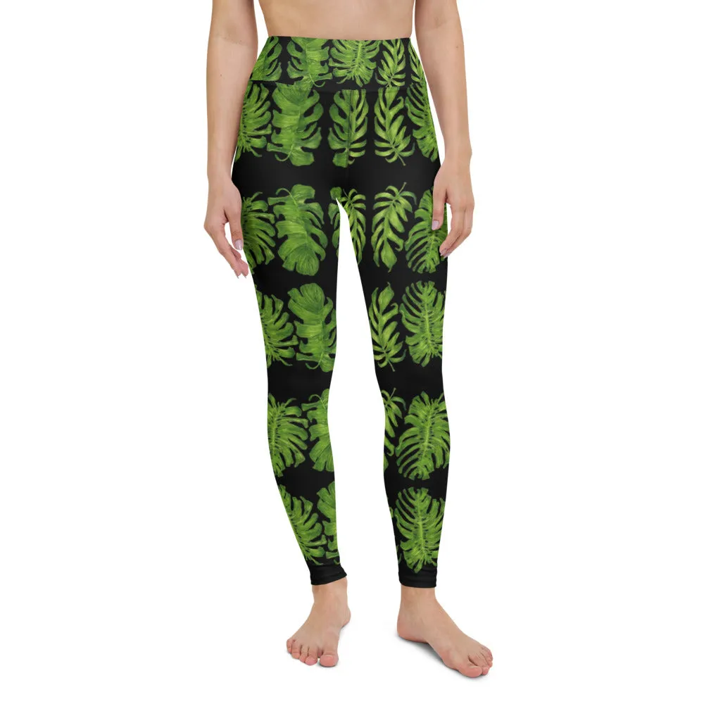 Black Tropical Leaf Yoga Leggings, Green Hawaiian Style Print Women's Tights-Made in USA/EU