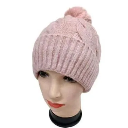 Fur Lining Hats With Pom Pom Beanie Women's Big Girls Cable Design Hat