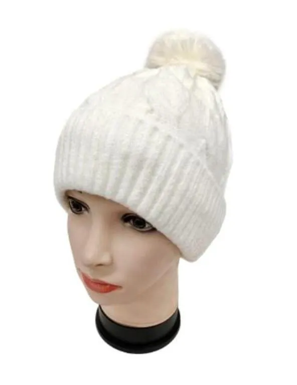 Fur Lining Hats With Pom Pom Beanie Women's Big Girls Cable Design Hat