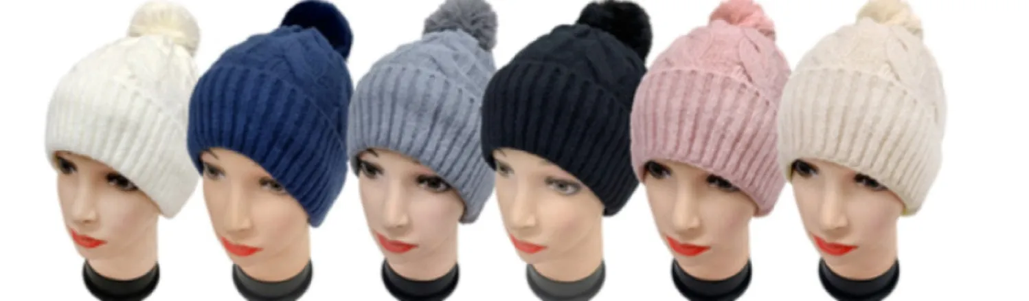 Fur Lining Hats With Pom Pom Beanie Women's Big Girls Cable Design Hat