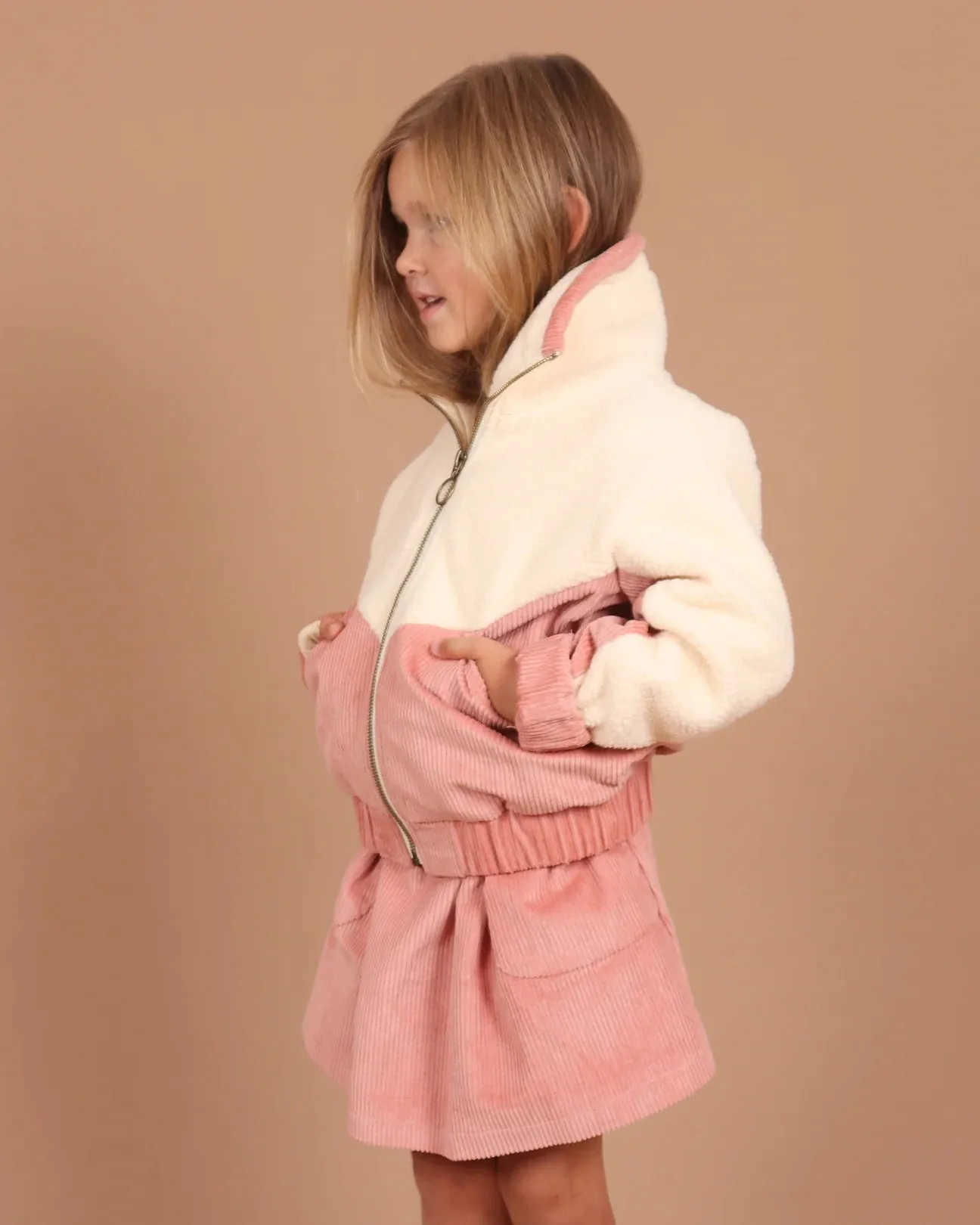 Girls Corduroy Sherpa Zip Jacket - Dusty Rose