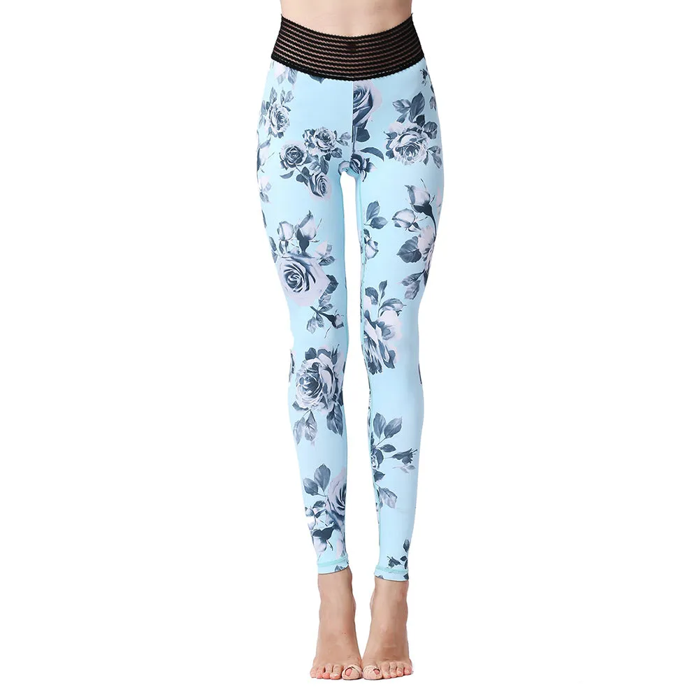 Light Blue Floral Leggings with Striped Elastic High Waist Aria_sale