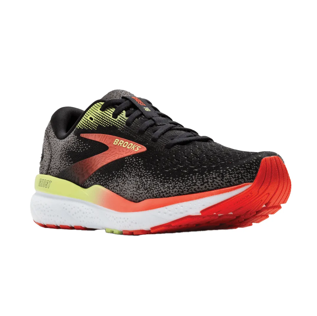 Mens Wide Brooks Ghost 16 Running Shoes - Black/Mandarin Red/Green (2E Width)