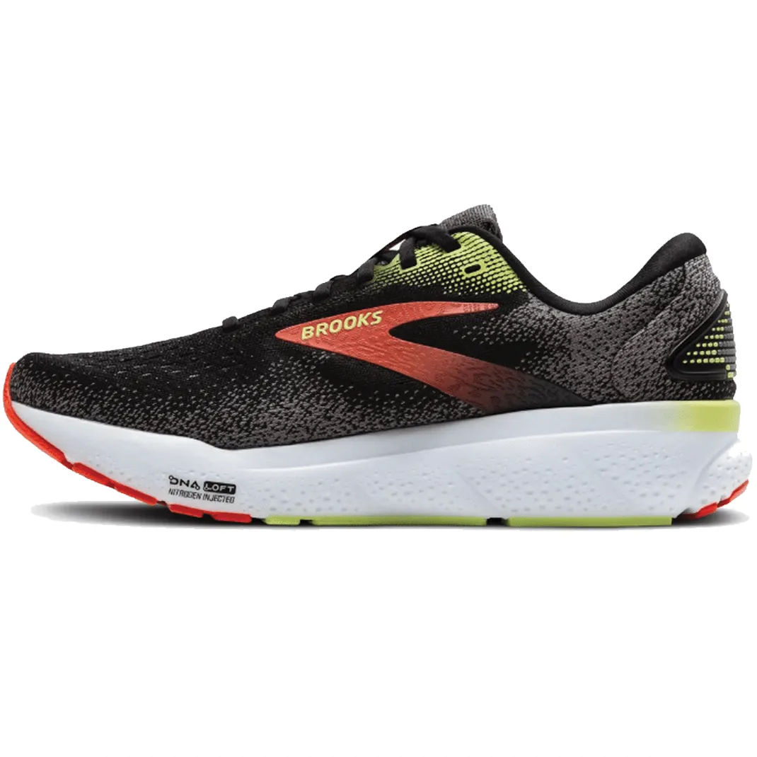 Mens Wide Brooks Ghost 16 Running Shoes - Black/Mandarin Red/Green (2E Width)