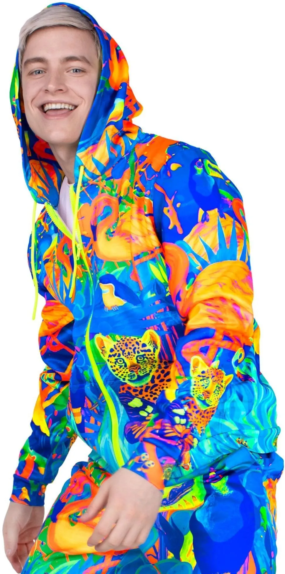 Neon Zip Hoodie Glow in The Blacklight Lion Jungle