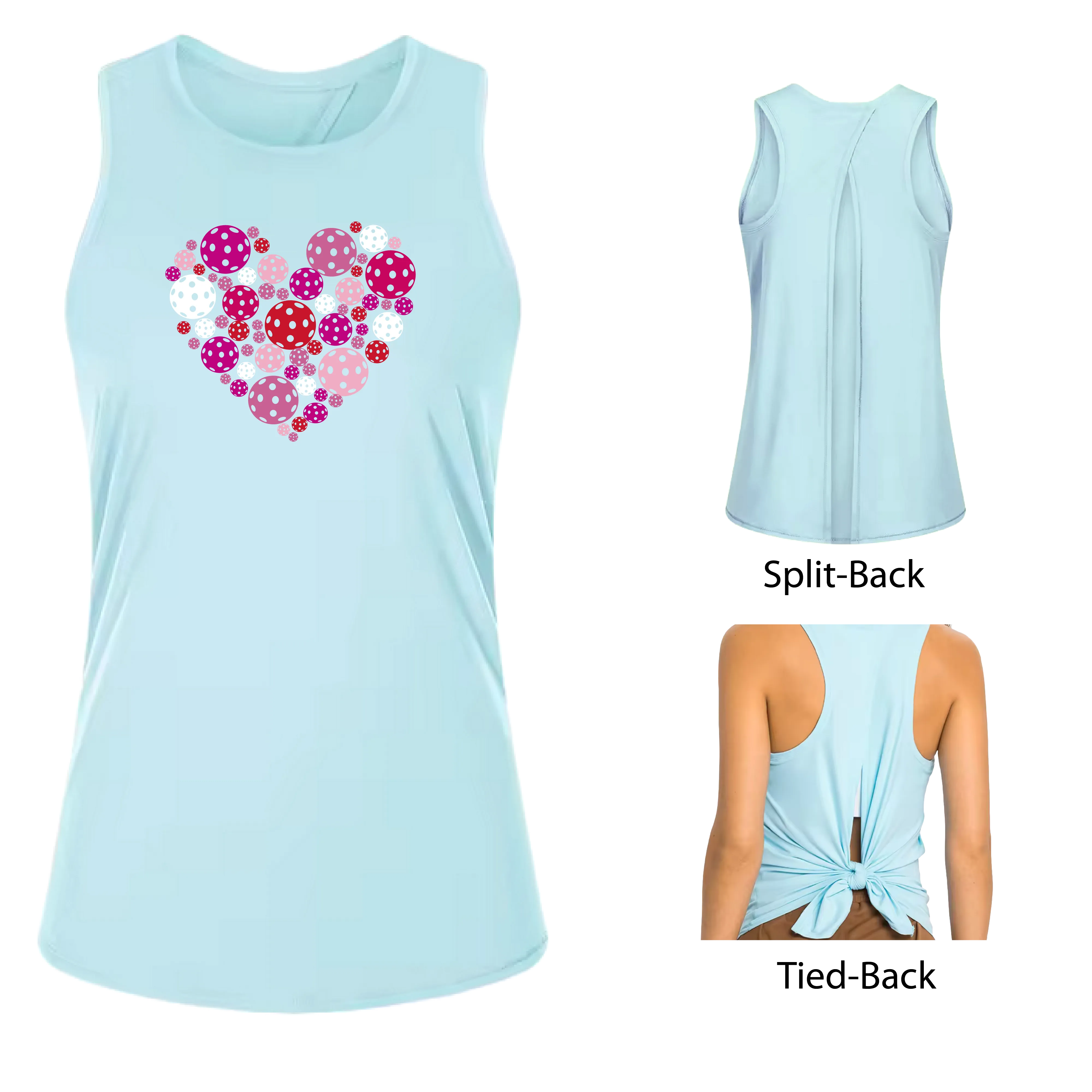 Pickleball Heart | Women's Split Back or Tied Back Pickleball Tank | 80/20 Nylon Spandex Mix