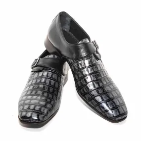 Sigotto Uomo Black Crocodile Print Embossed Monk Strap Buckle Dress Shoes