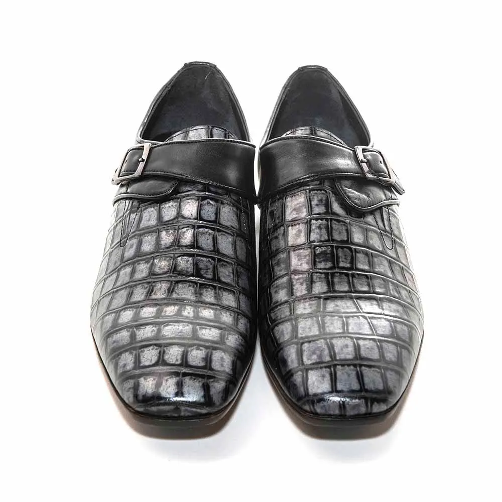 Sigotto Uomo Black Crocodile Print Embossed Monk Strap Buckle Dress Shoes