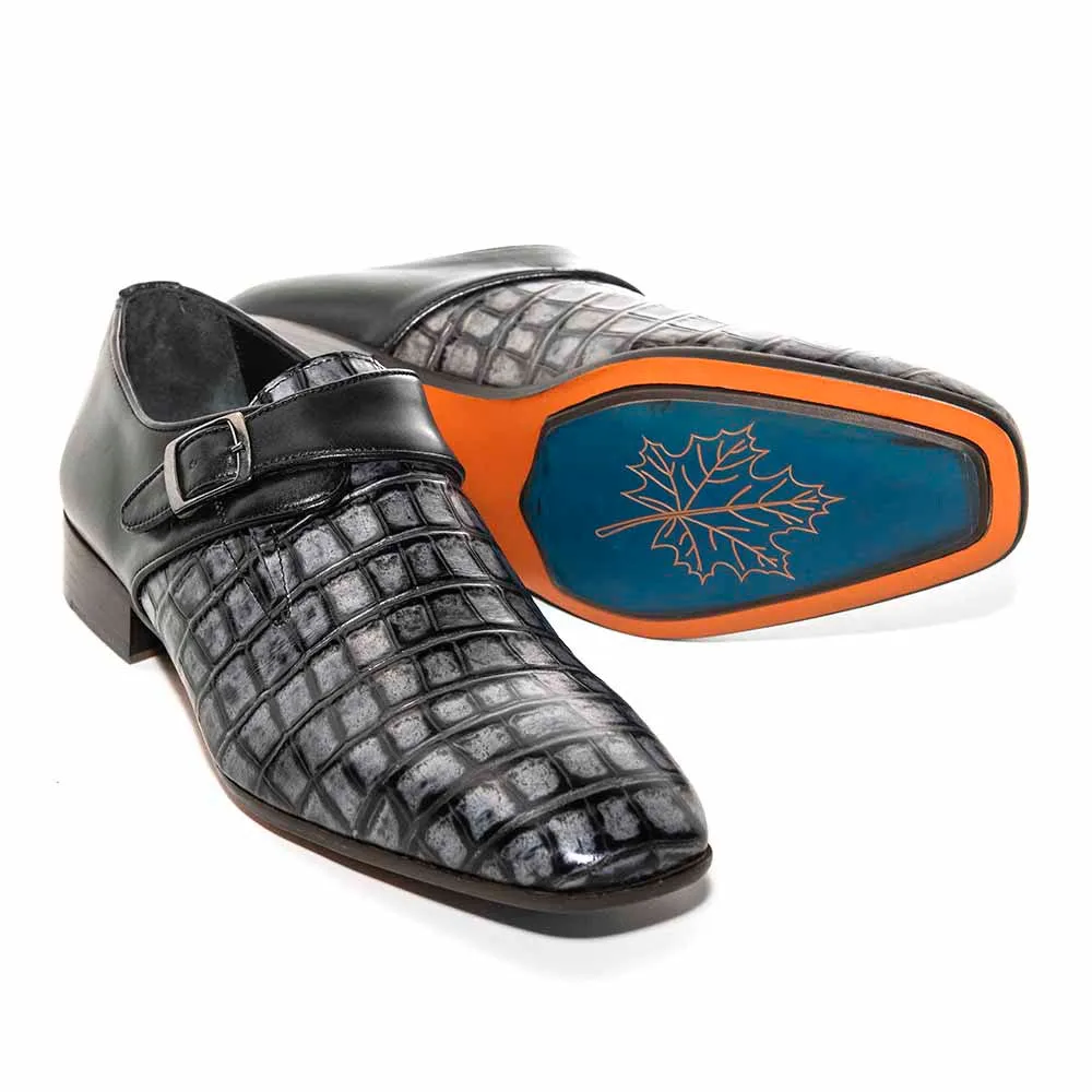 Sigotto Uomo Black Crocodile Print Embossed Monk Strap Buckle Dress Shoes