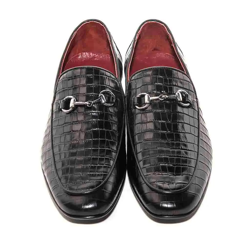 SIGOTTO UOMO Crocodile Print Black Leather Loafer