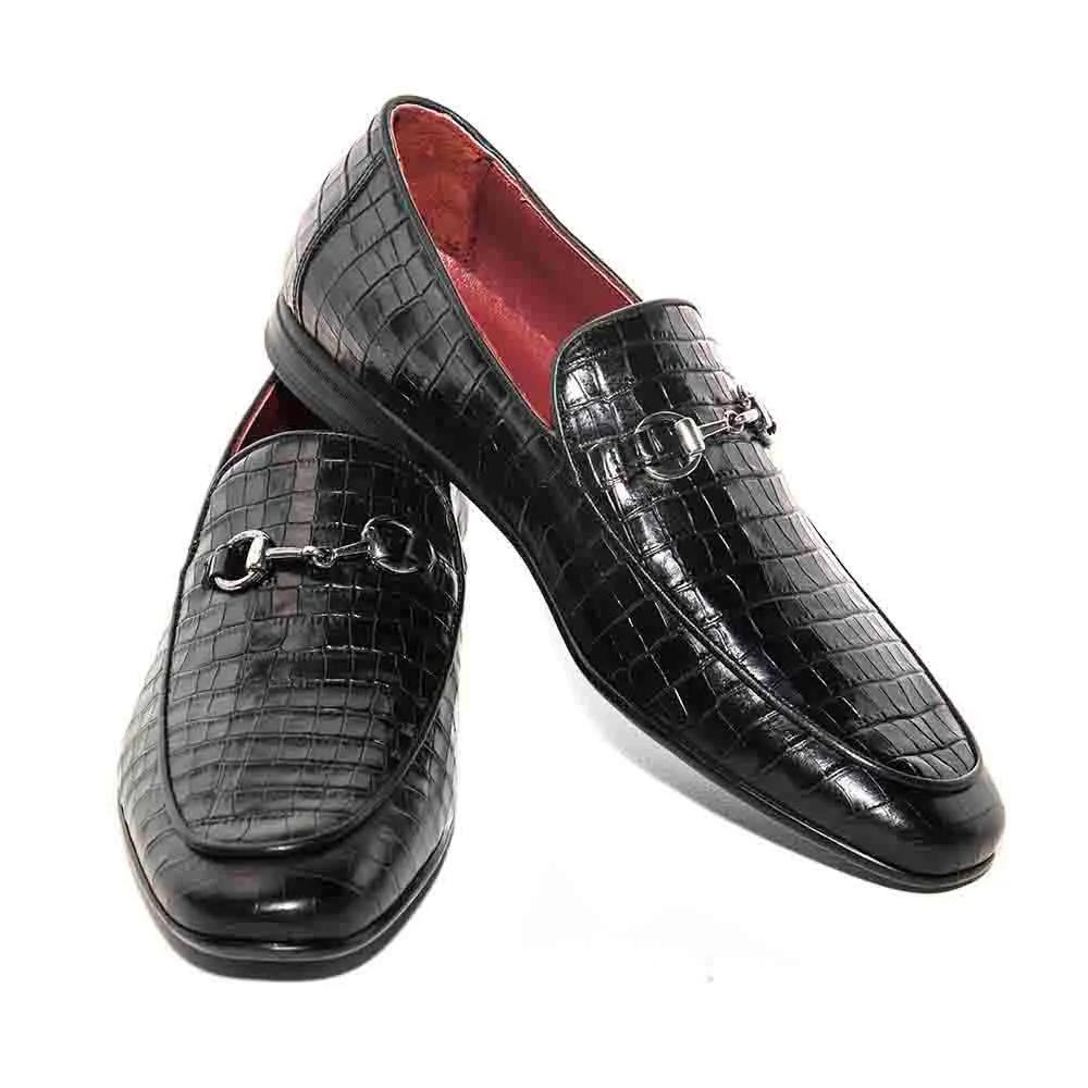 SIGOTTO UOMO Crocodile Print Black Leather Loafer