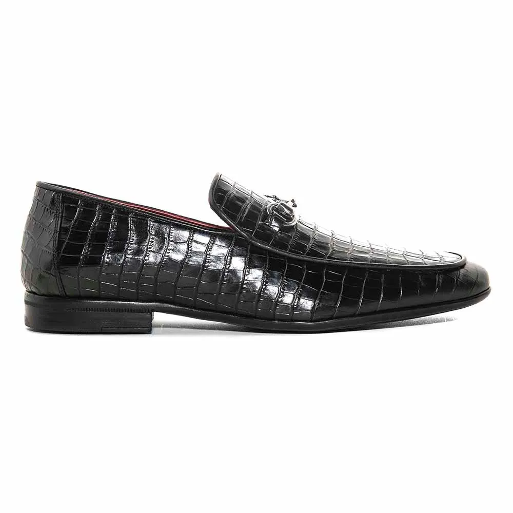 SIGOTTO UOMO Crocodile Print Black Leather Loafer