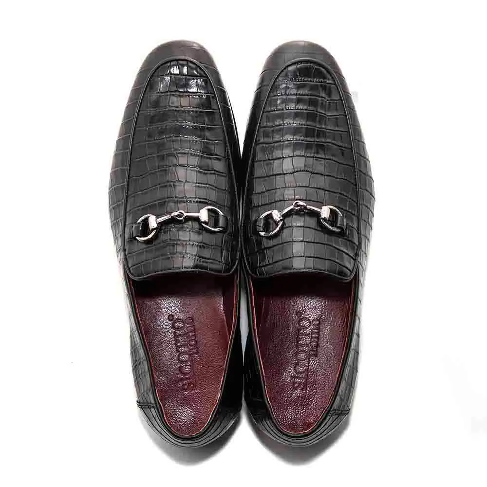 SIGOTTO UOMO Crocodile Print Black Leather Loafer