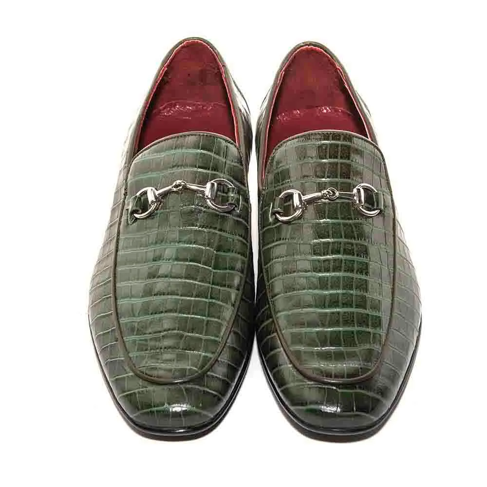 SIGOTTO UOMO Crocodile Print Green Leather Loafer