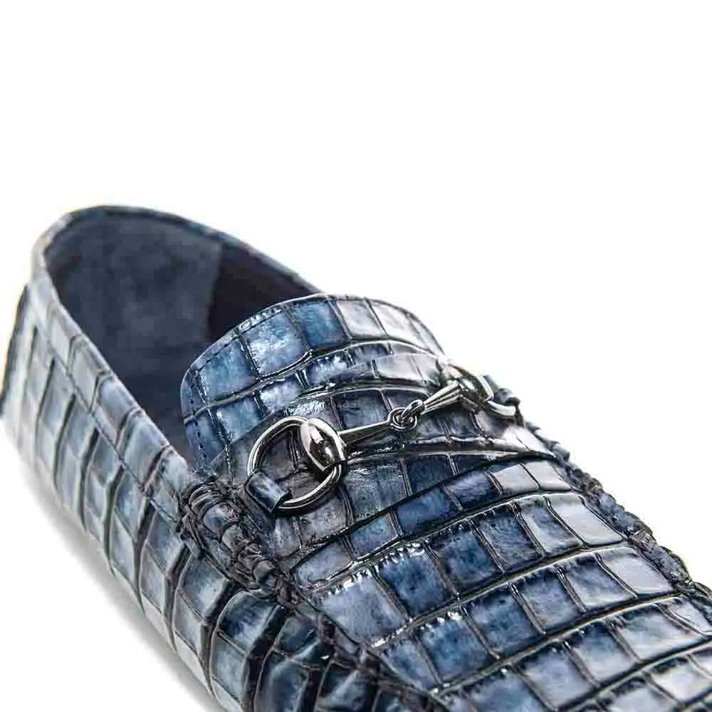 SIGOTTO UOMO Navy Blue Italian Leather Crocodile Print Bit Moccasin