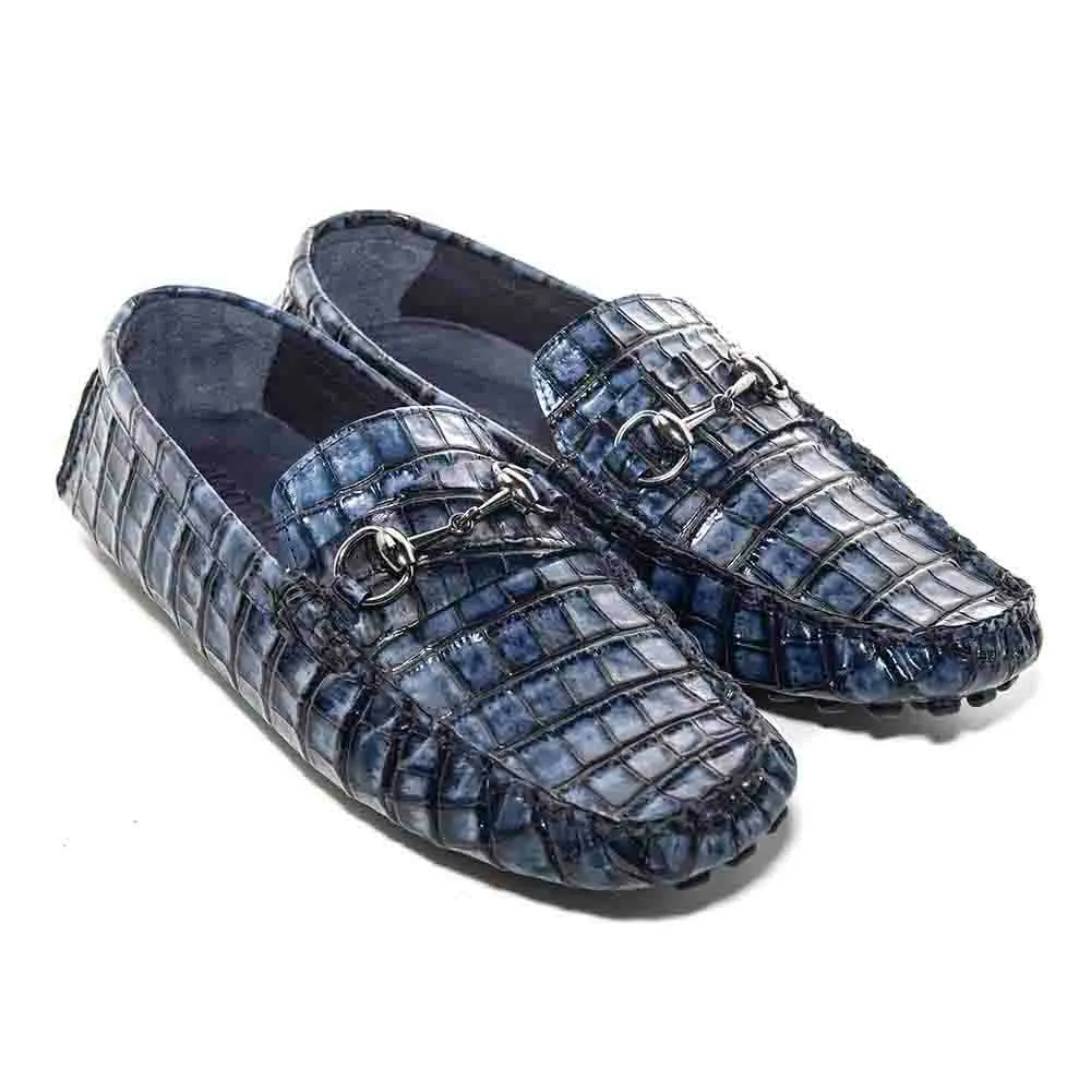 SIGOTTO UOMO Navy Blue Italian Leather Crocodile Print Bit Moccasin