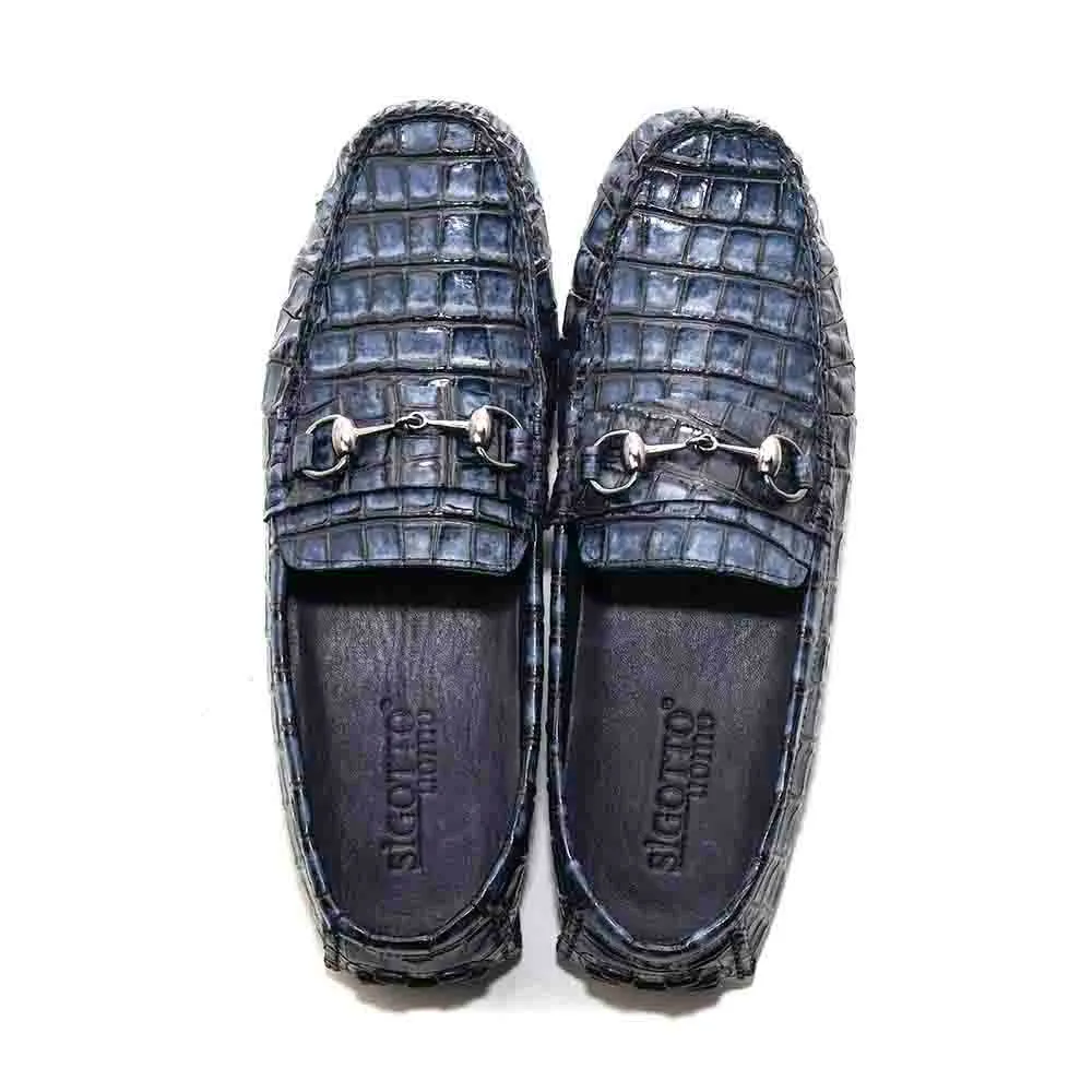 SIGOTTO UOMO Navy Blue Italian Leather Crocodile Print Bit Moccasin