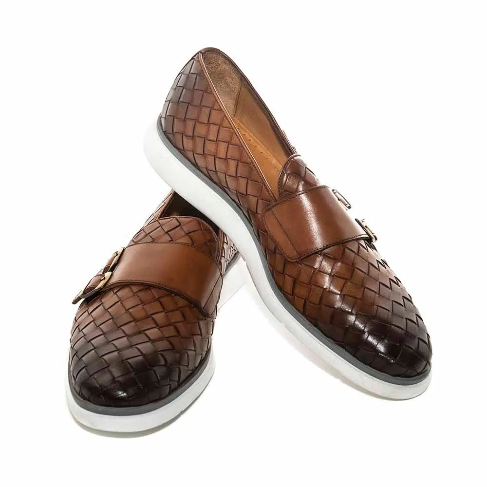 SIGOTTO UOMO Woven Double Buckle Tan Soft Leather Casual Shoes