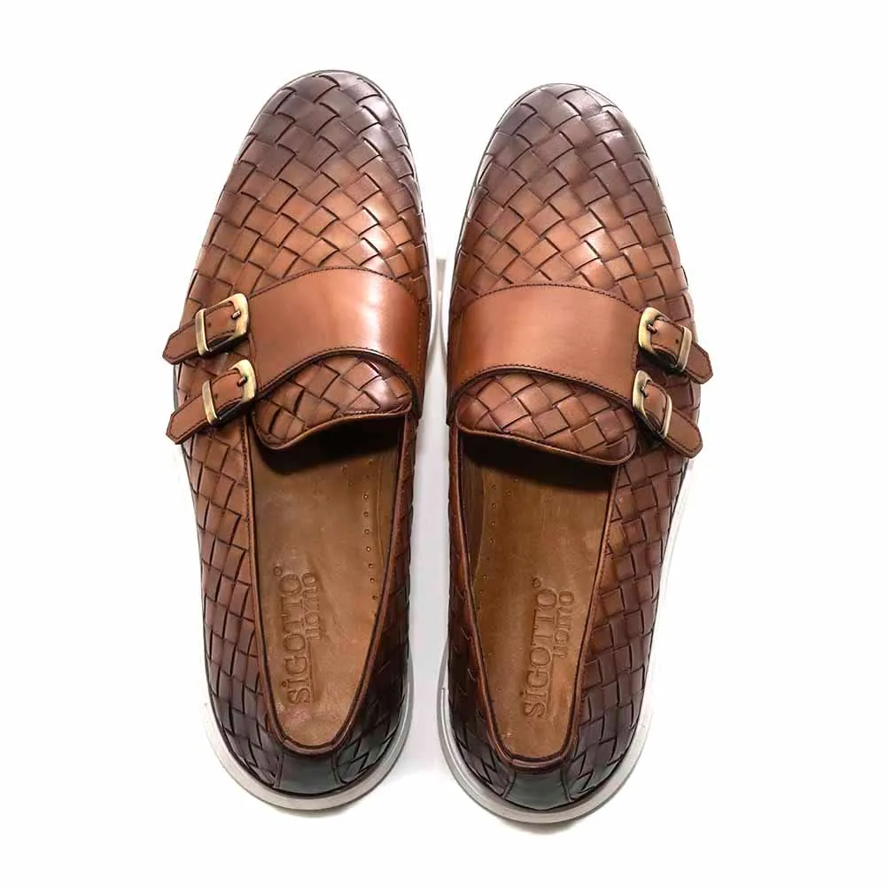 SIGOTTO UOMO Woven Double Buckle Tan Soft Leather Casual Shoes