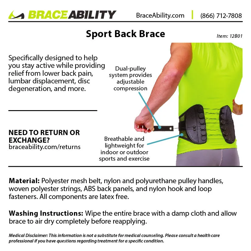 Spine Sport Back Brace | Athletic, Lightweight & Breathable Lumbar Support for Working Out, Golfing, Running or Exercising