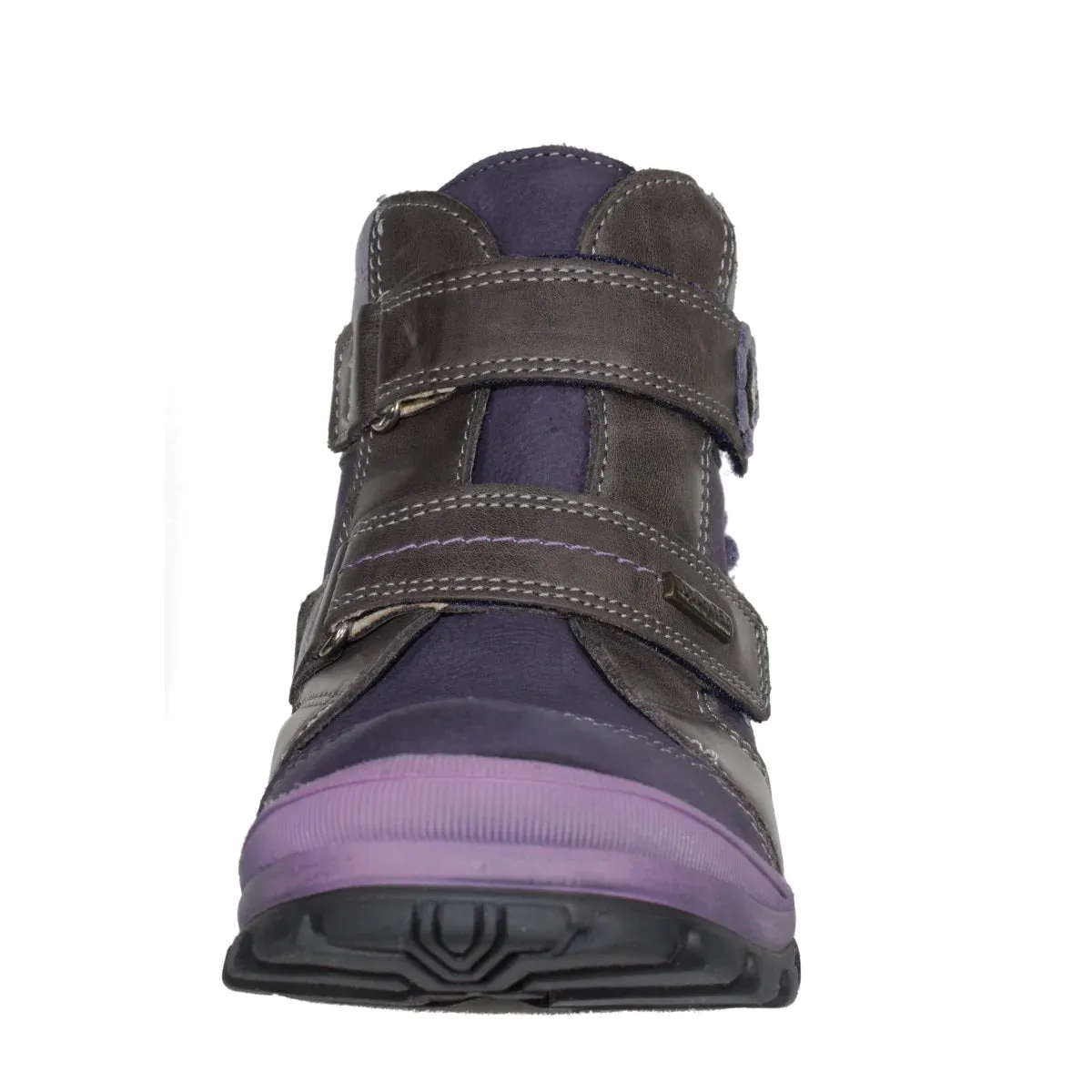 Szamos Kid Girl Boots Purple With Grey Velcro Straps And Purple Flowers - Made In Europe